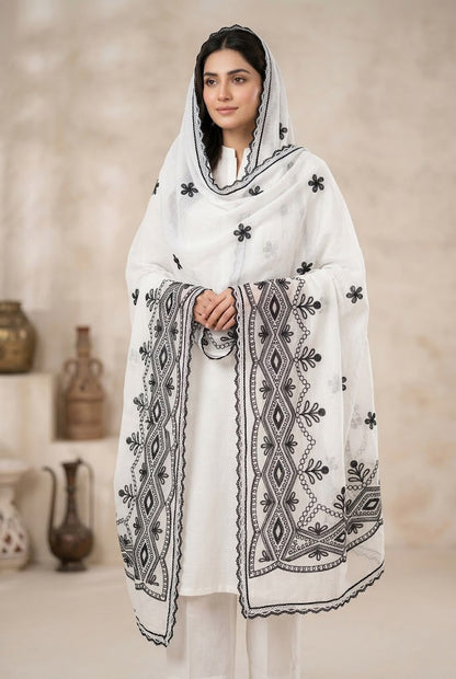 Women Classic White Pure Cotton Embroidered Dupatta – 2 Meter