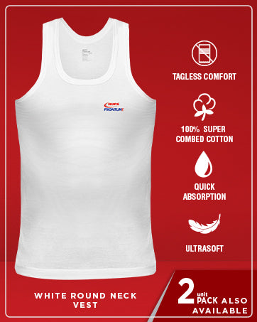 Rupa Frontline Men's Cotton White Sleeveless Vest (Pack of 2) – Super Combed Cotton Round neck Vest