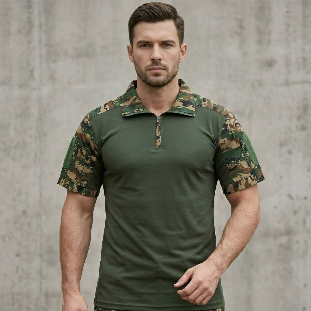 Men’s Tactical Military Half Sleeve T-Shirt | Army Green Camouflage Shoulder | Zipper Neck | Outdoor & Casual Wear