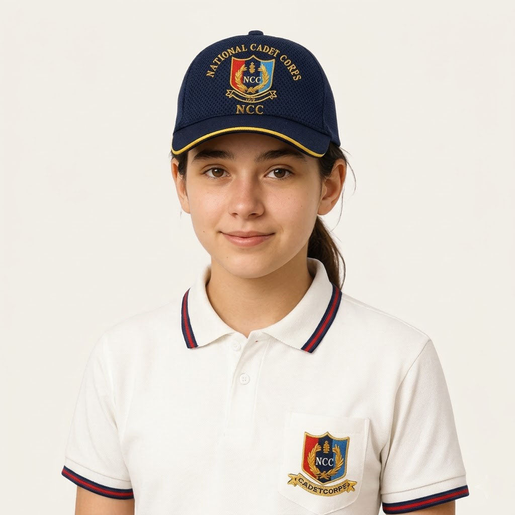 Girl's for NCC Uniform T-Shirt & Cap Combo | National Cadet Corps White Polo Tee with NCC Logo Cap