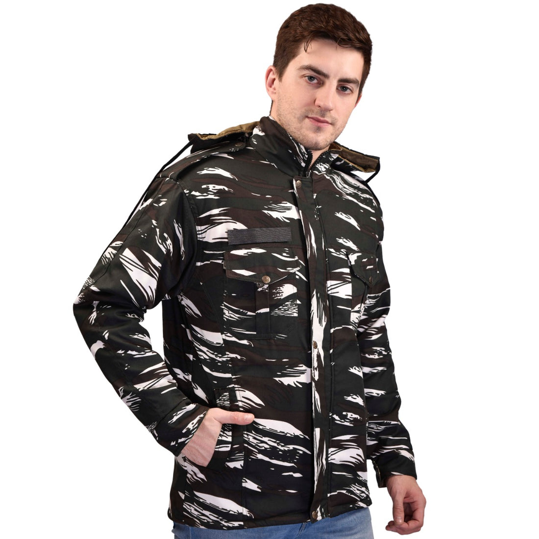 Camouflage Khaki Both Side Quilted Full Sleeves Hooded Neck Army Military Defence XXL