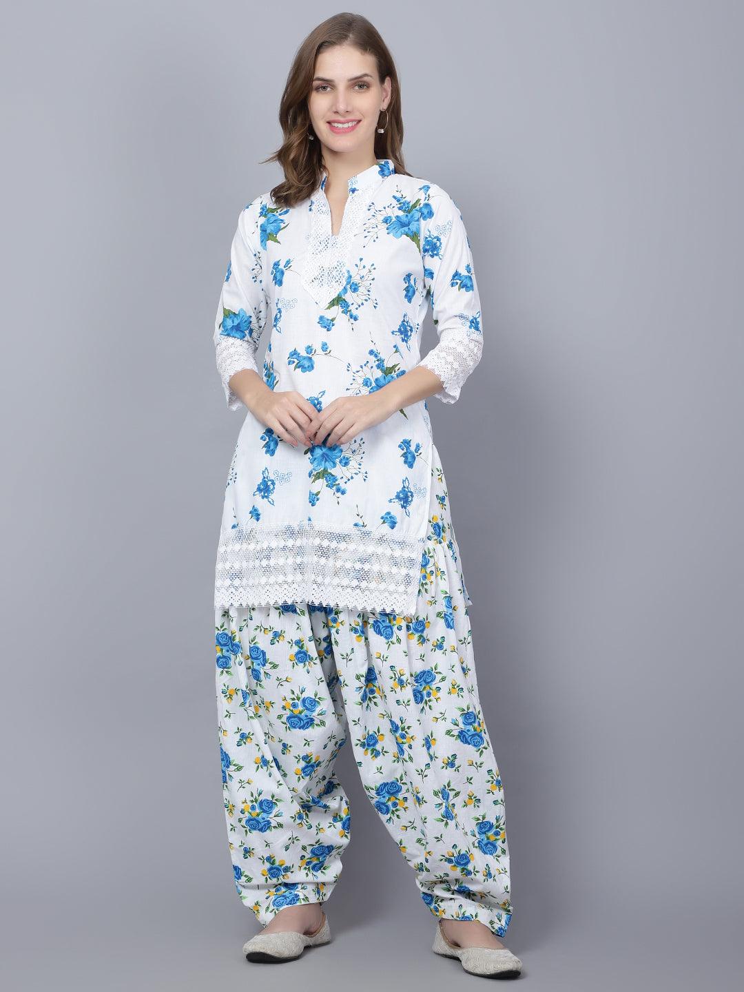 Women Apple Cut Blue Floral Print Pure Cotton Straight Kurta Set XXXL
