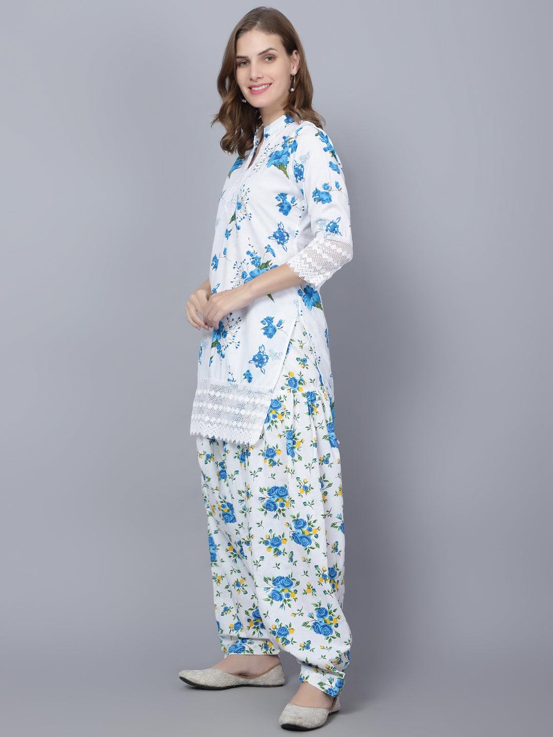 Women Apple Cut Blue Floral Print Pure Cotton Straight Kurta Set