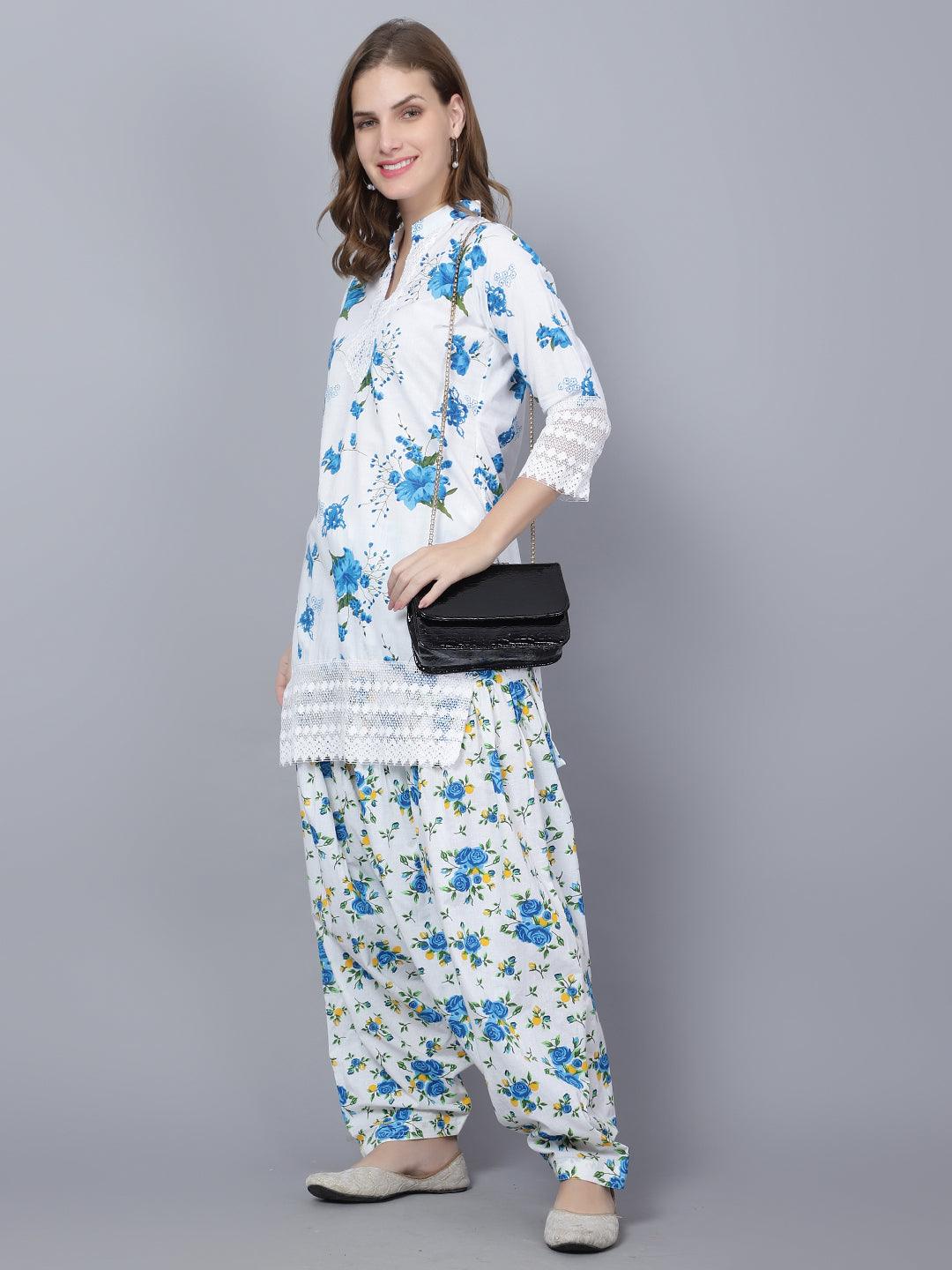 Women Apple Cut Blue Floral Print Pure Cotton Straight Kurta Set