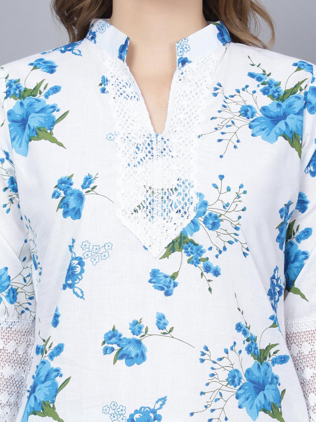 Women Apple Cut Blue Floral Print Pure Cotton Straight Kurta Set