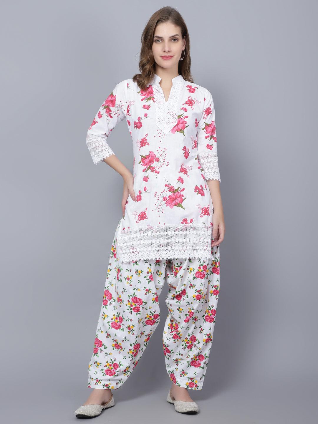 Women Apple Cut Red Floral Print Pure Cotton Straight Kurta Set