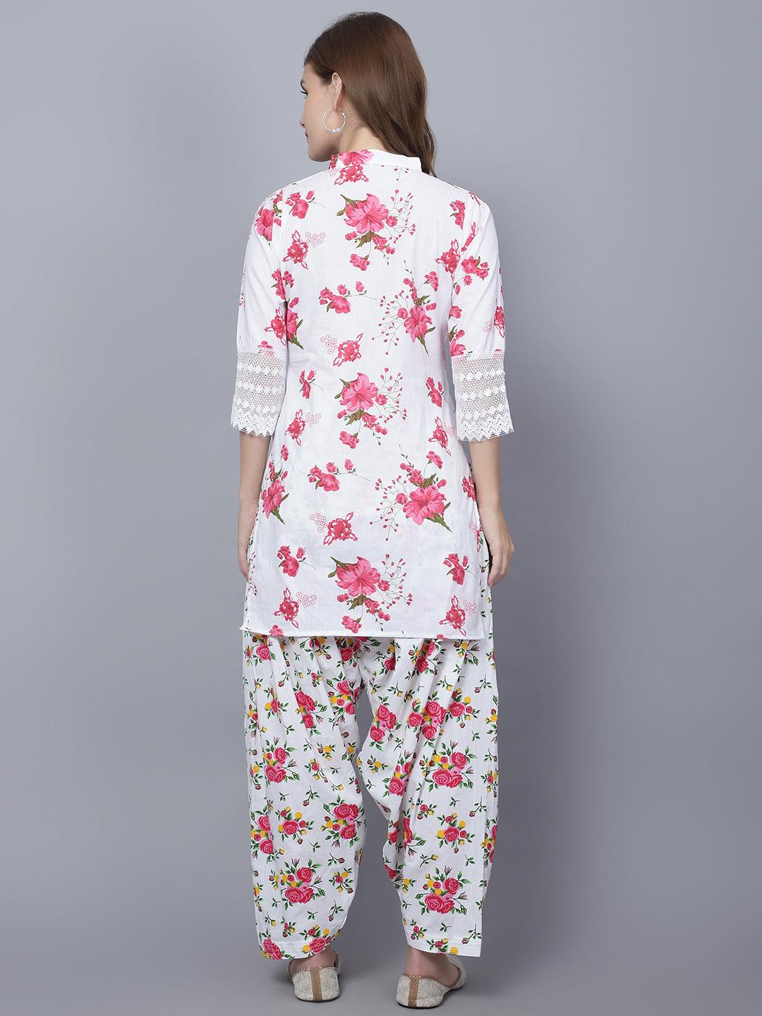 Women Apple Cut Red Floral Print Pure Cotton Straight Kurta Set
