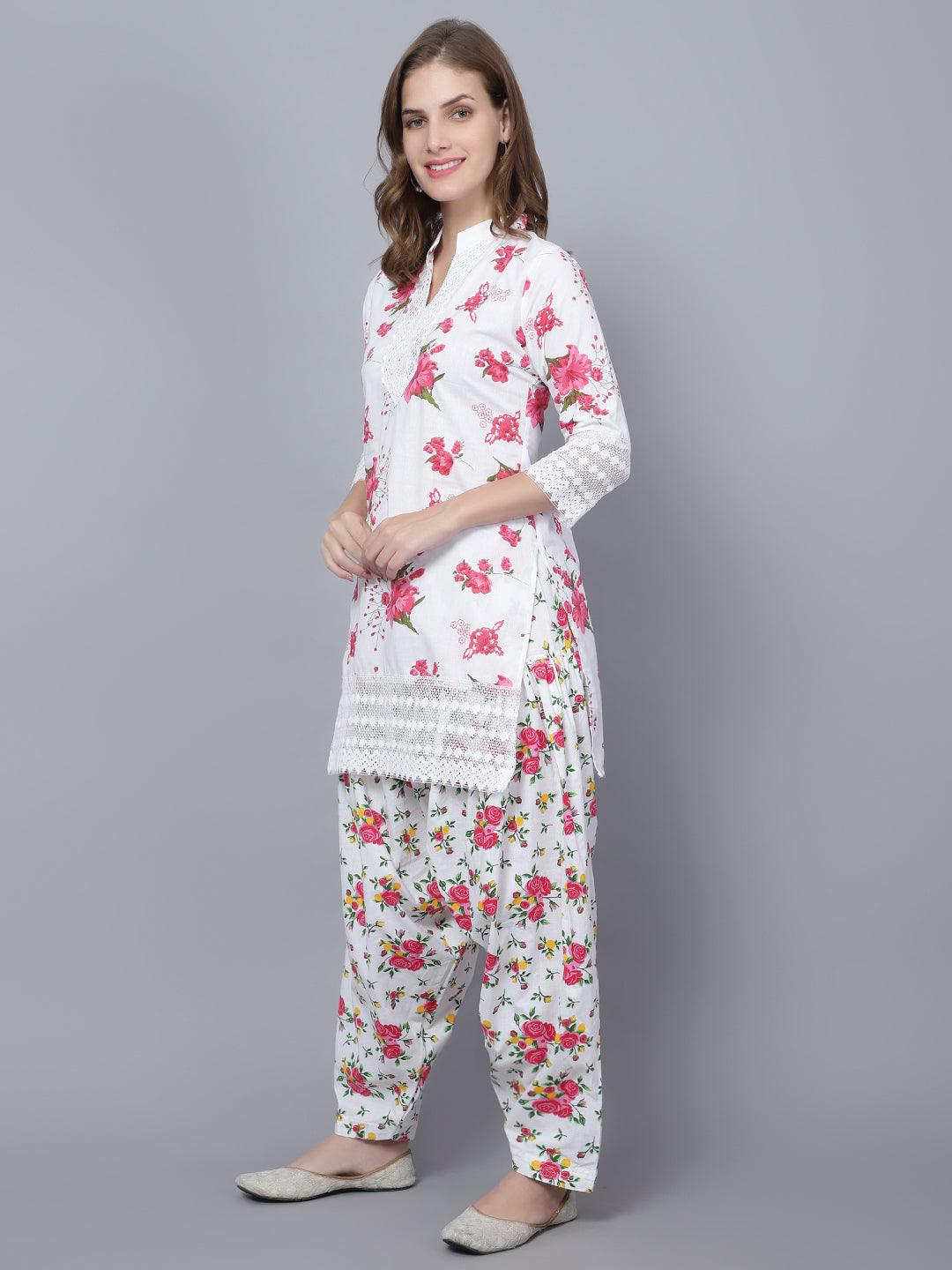 Women Apple Cut Red Floral Print Pure Cotton Straight Kurta Set
