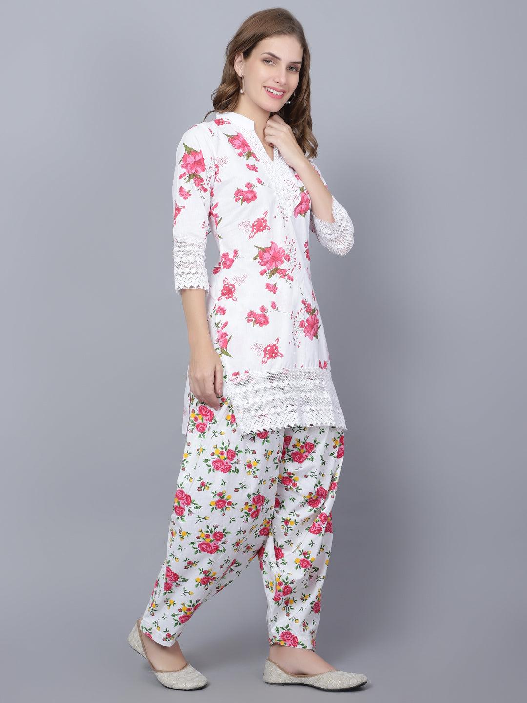 Women Apple Cut Red Floral Print Pure Cotton Straight Kurta Set