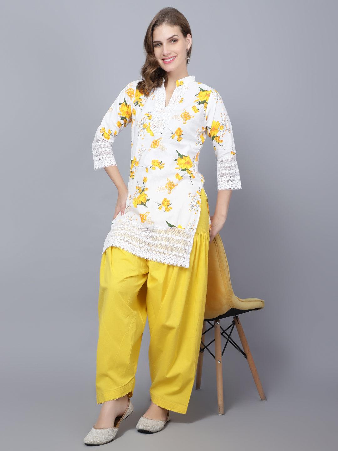 Women Apple Cut Yellow Floral Print Pure Cotton Straight Kurta Set XXXL