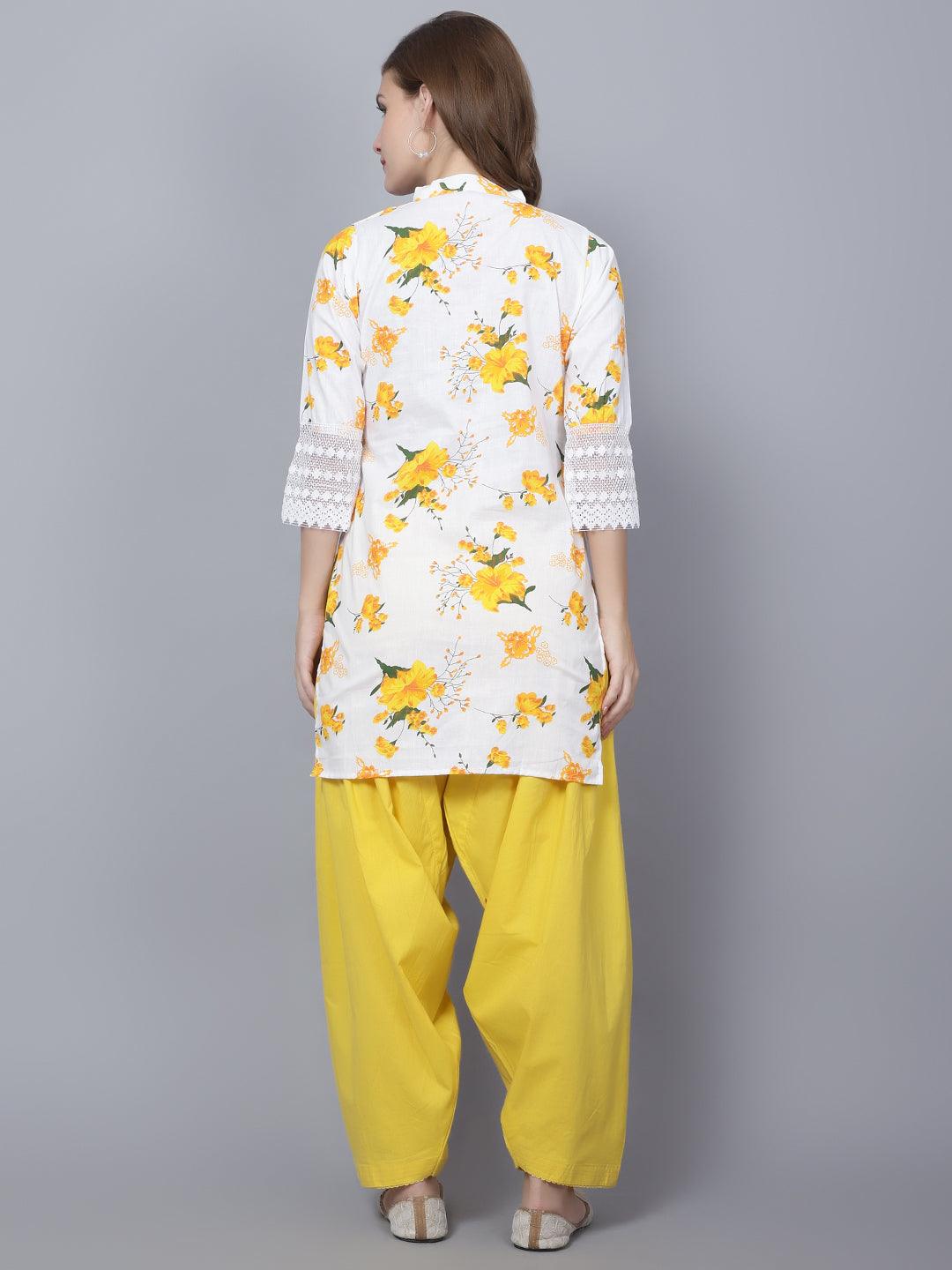 Women Apple Cut Yellow Floral Print Pure Cotton Straight Kurta Set
