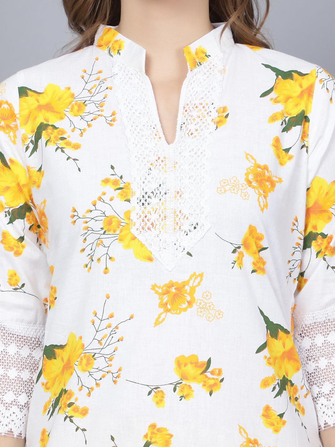 Women Apple Cut Yellow Floral Print Pure Cotton Straight Kurta Set