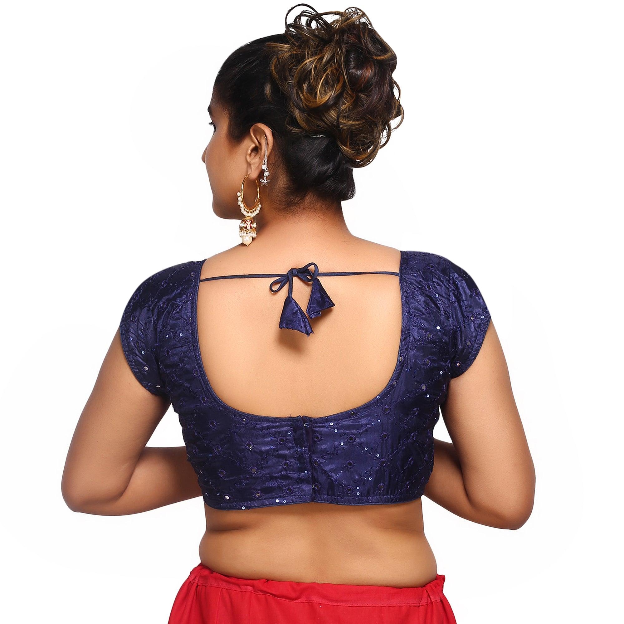 V Neck Mirror Embroidery Blue Women Blouse
