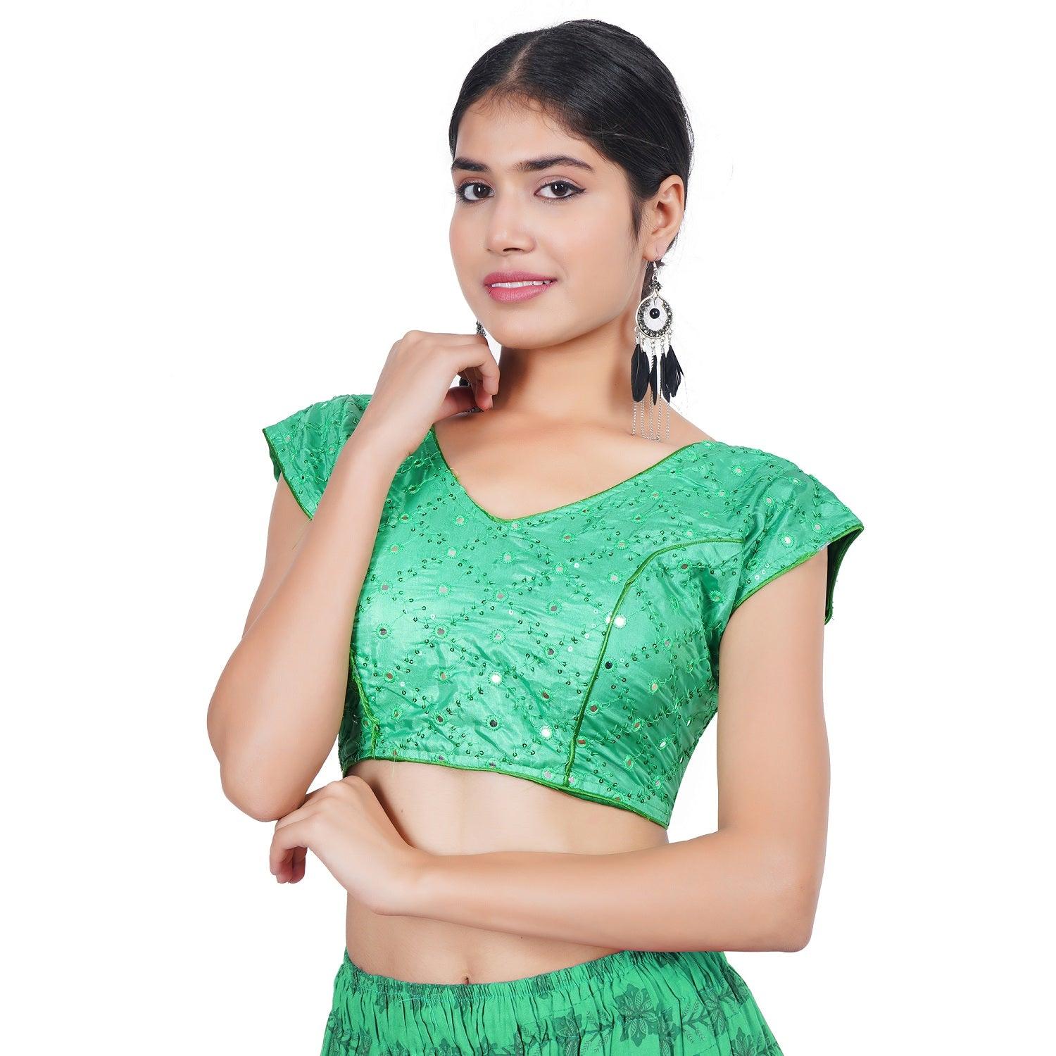 V Neck Mirror Embroidery Green Women Blouse