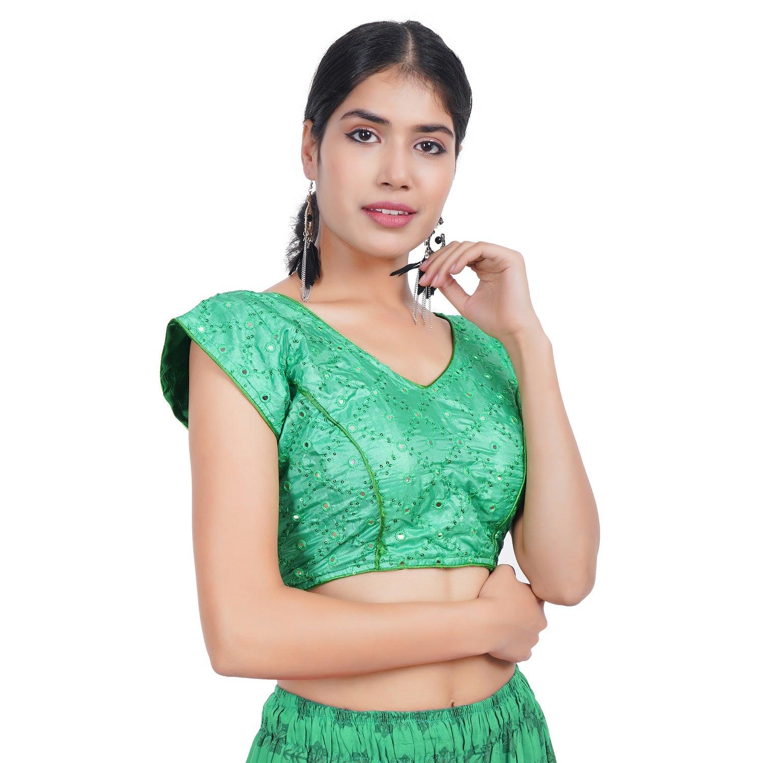 V Neck Mirror Embroidery Green Women Blouse