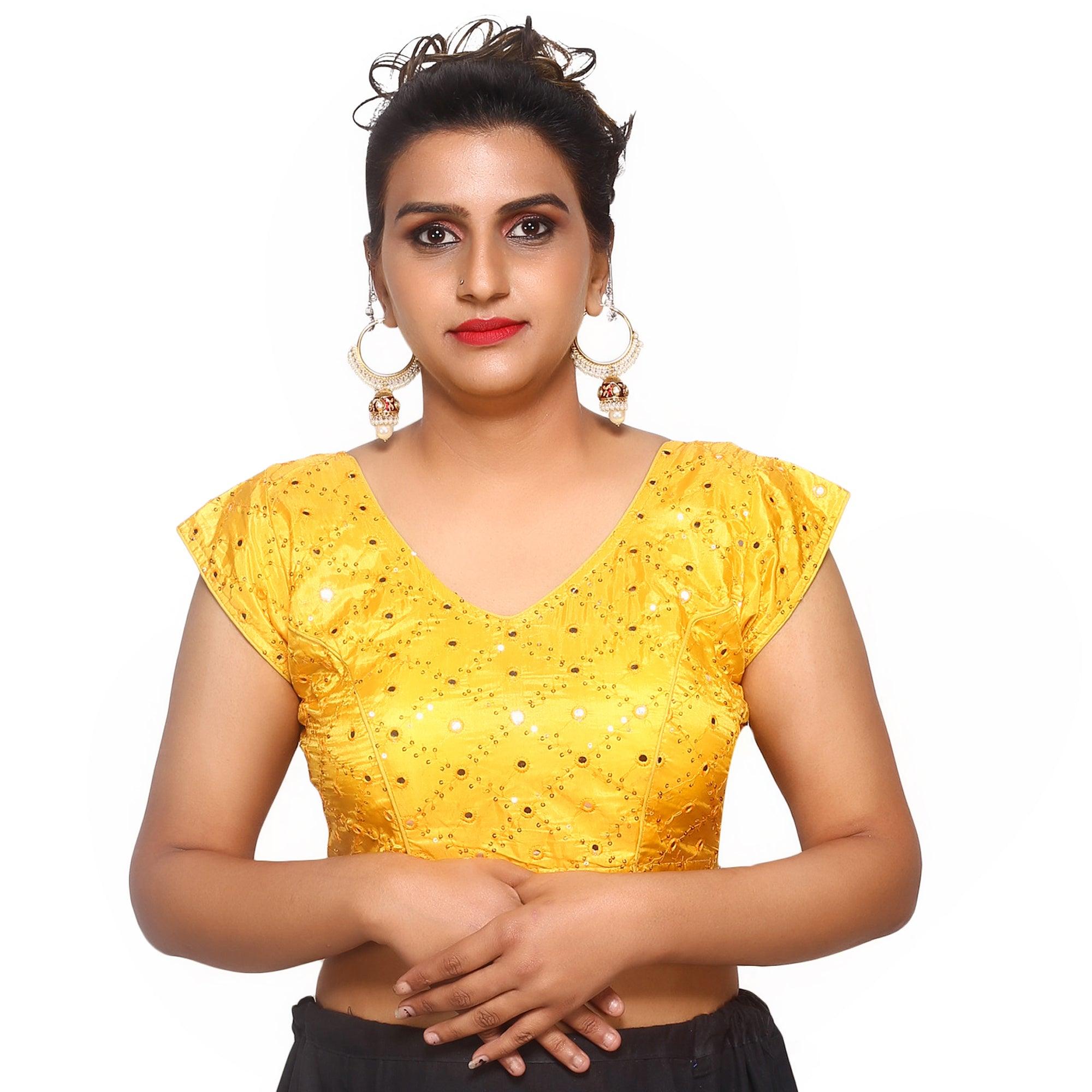 V Neck Mirror Embroidery Yellow Women Blouse