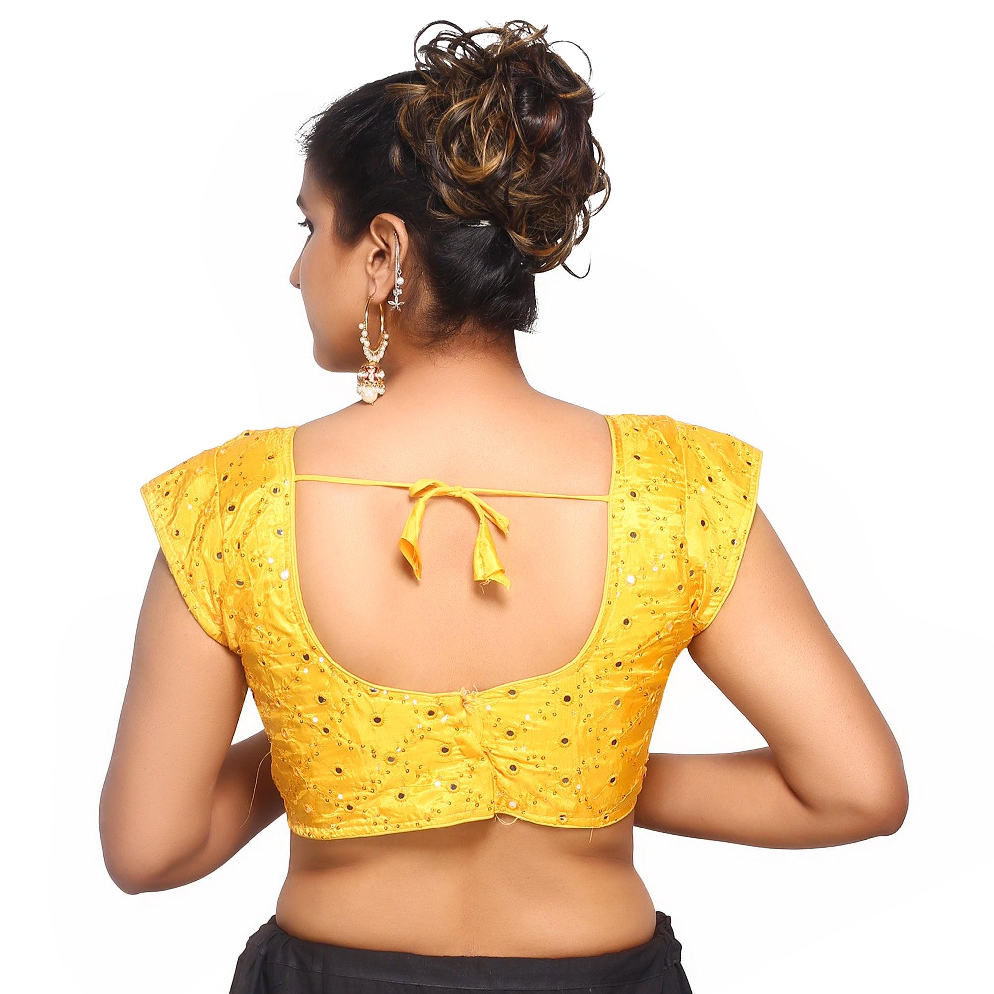 V Neck Mirror Embroidery Yellow Women Blouse