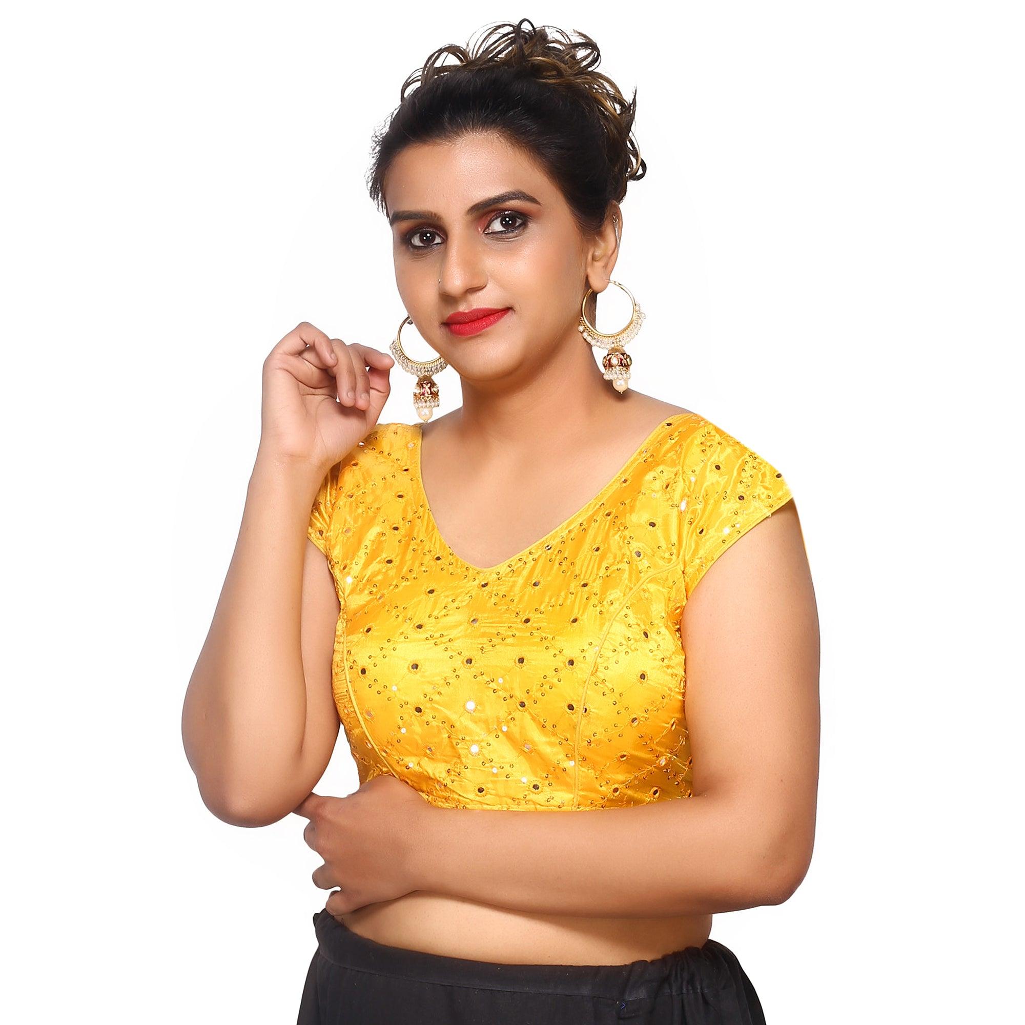 V Neck Mirror Embroidery Yellow Women Blouse