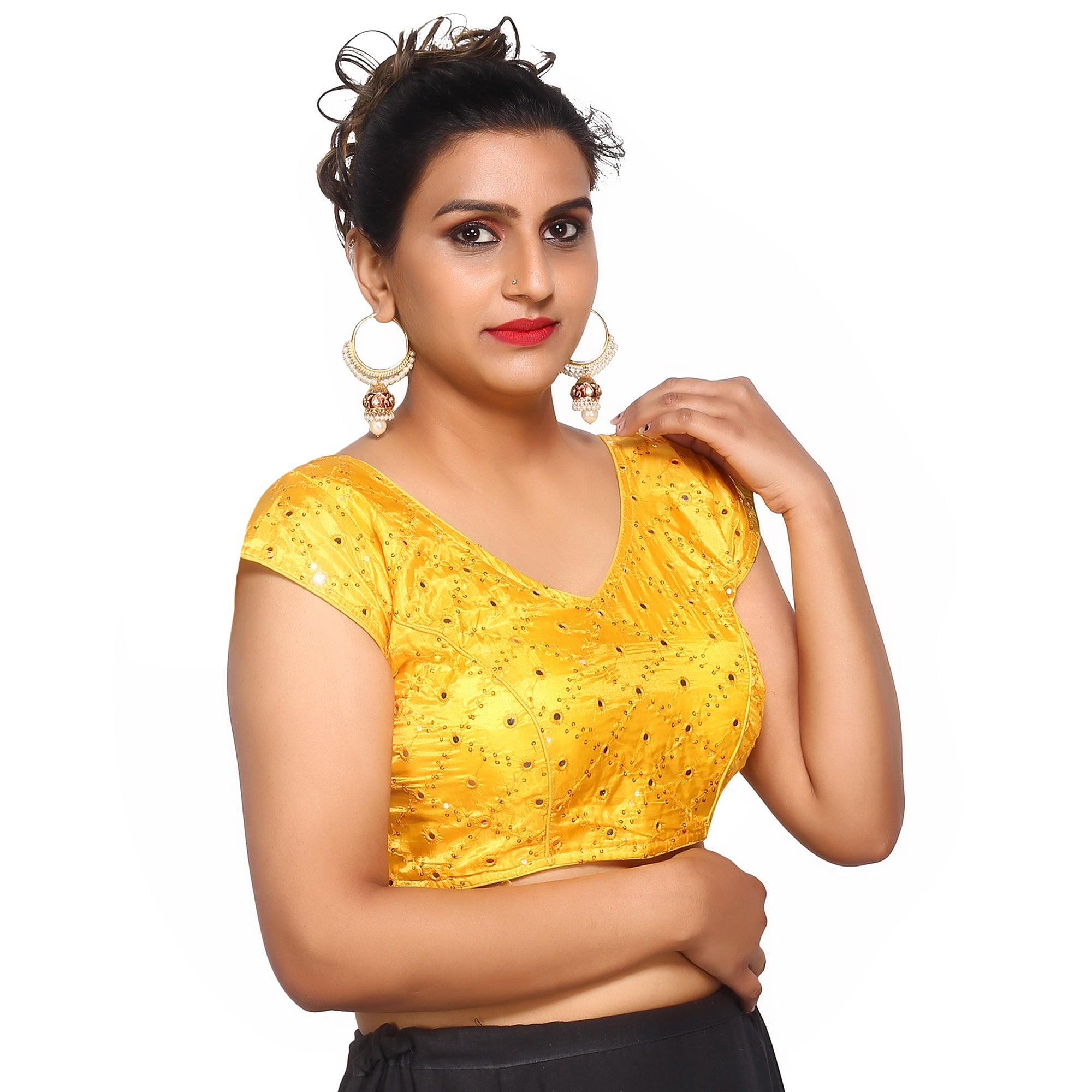 V Neck Mirror Embroidery Yellow Women Blouse