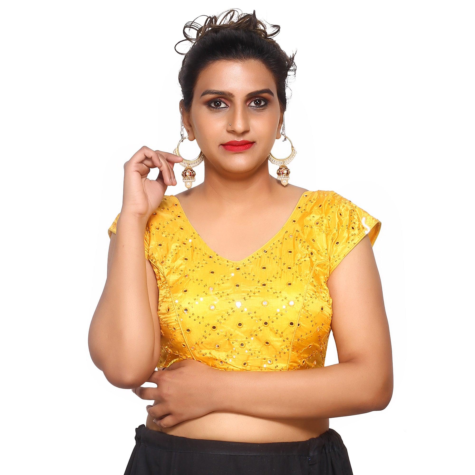 V Neck Mirror Embroidery Yellow Women Blouse Default Title