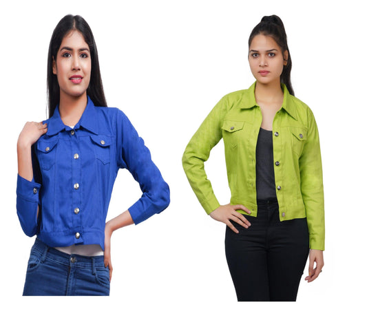 Trendzmy Full Sleeve Blue And Perrot Green Solid Women Jacket XXXL