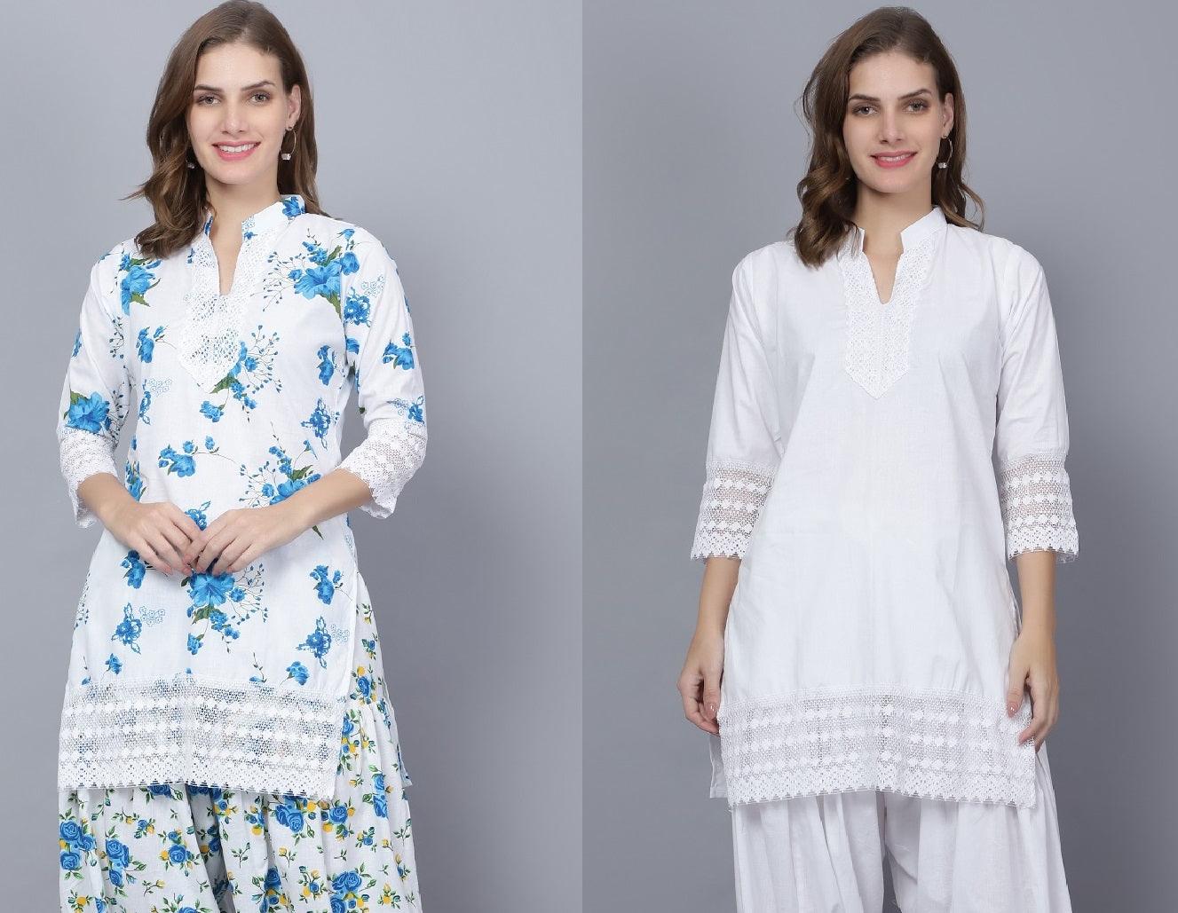 Pack of 2 Set Women Floral Print Cotton Blend Straight Kurta (Blue, White) XXXL