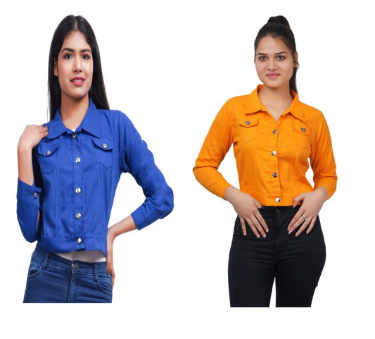 Trendzmy Full Sleeve Blue And Yellow Solid Women Jacket XXXL