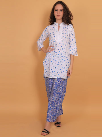 Women White & Blue Floral Printed Cotton Kurta with Blue Printed Palazzo & Side Pocket