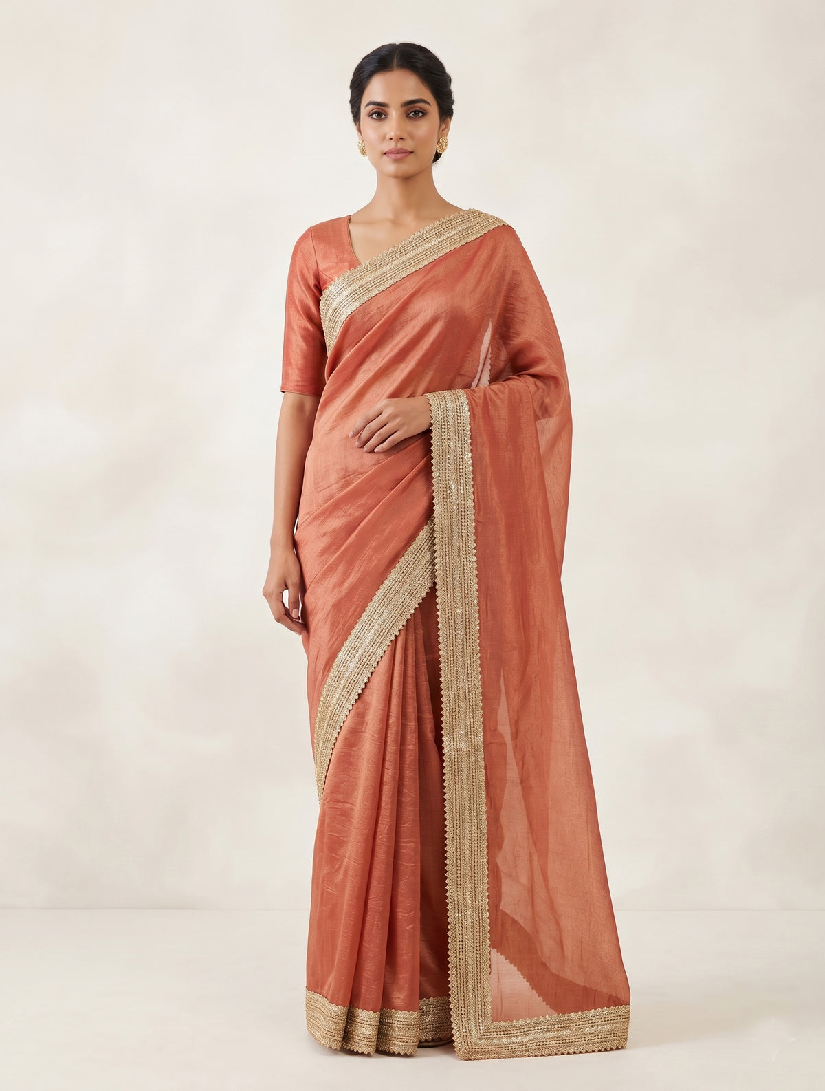 Peach Silk Blend Saree with Elegant Lace Border Orange
