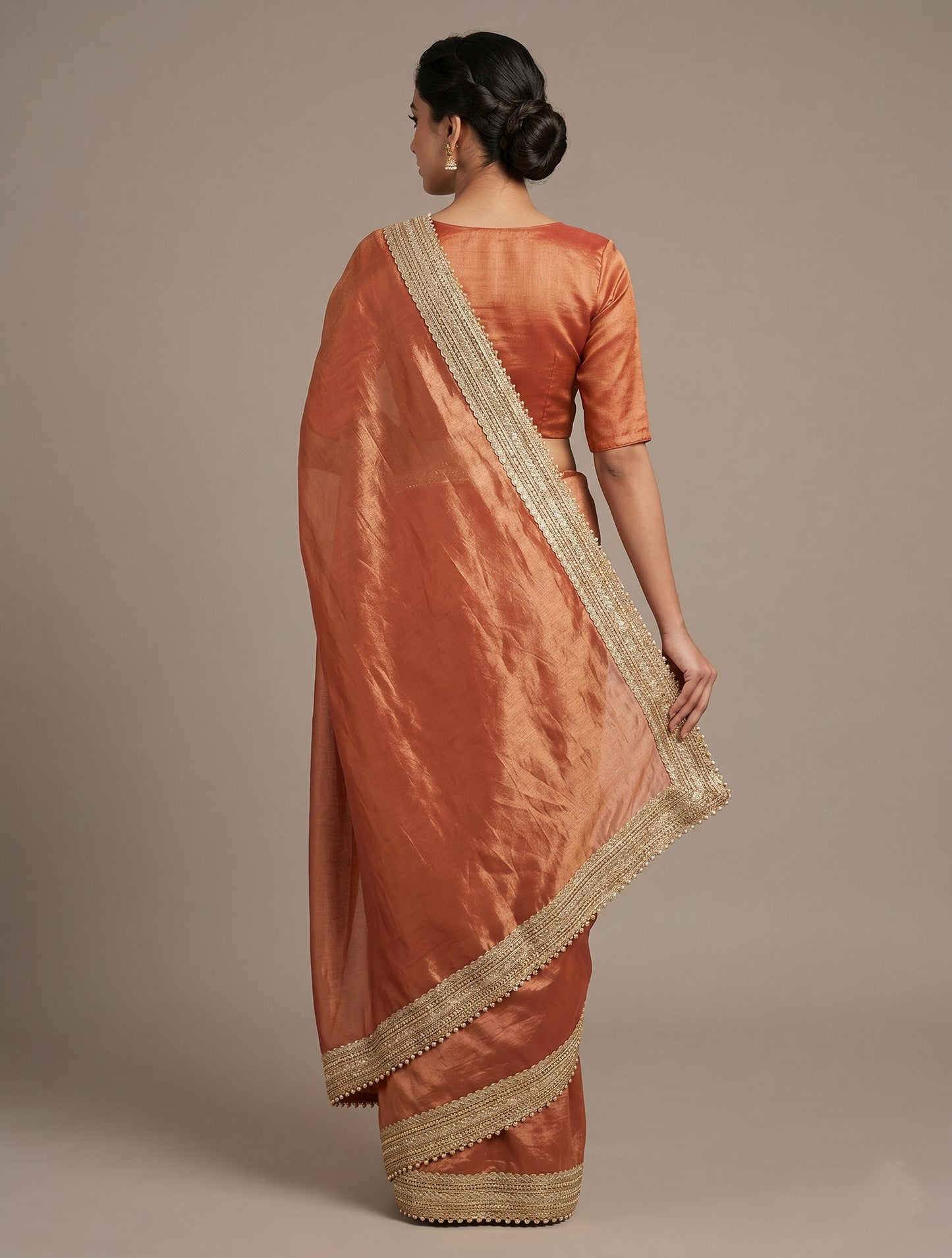 Peach Silk Blend Saree with Elegant Lace Border
