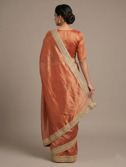 Peach Silk Blend Saree with Elegant Lace Border