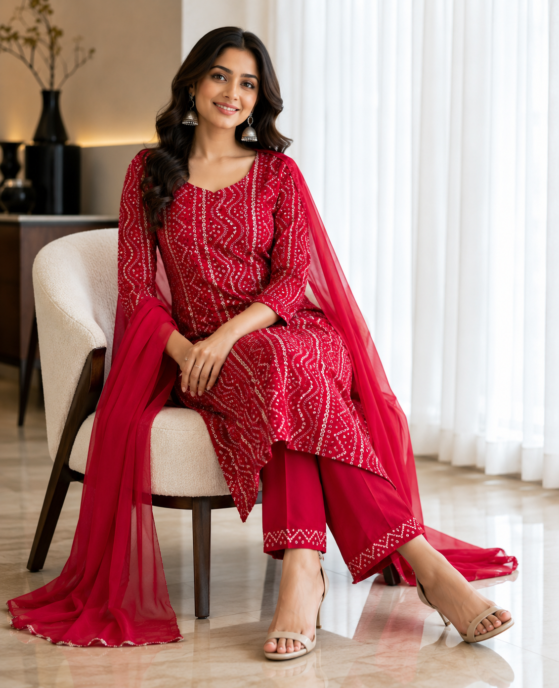Ruby Red Leheriya & Bandhani Printed Mercerized Cotton Kurta Set with Trousers & Plain Chiffon Dupatta