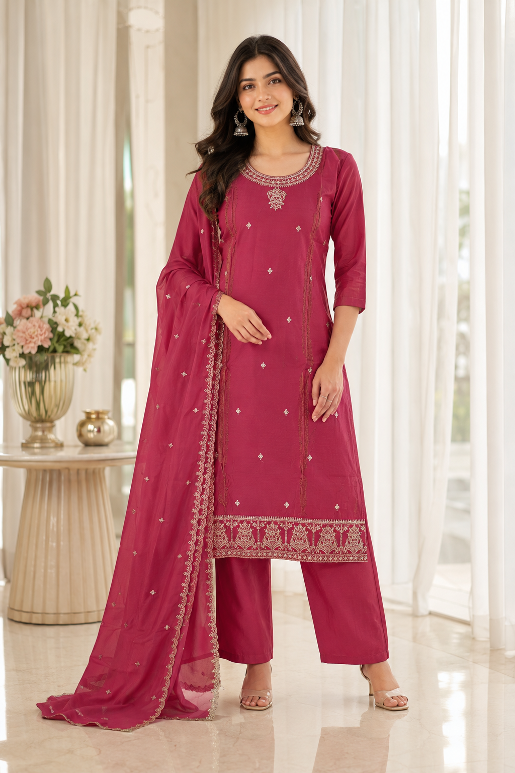 Rani Pink Mercerized Silk-Cotton Handwork Kurta, Pant & Dupatta Set