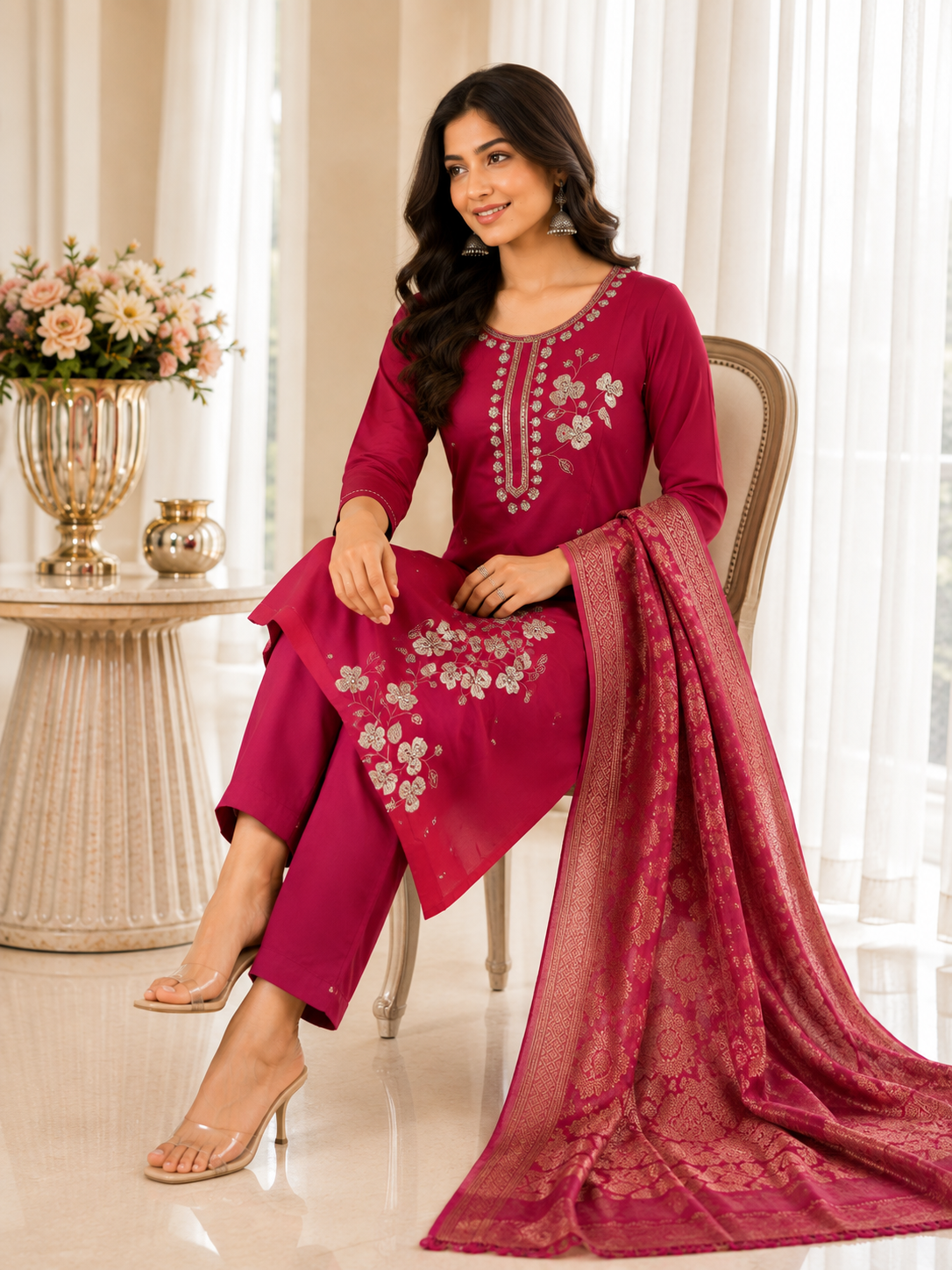 Deep Magenta Silk Embroidered Kurta, Straight Pant & Woven Banarasi Dupatta Set