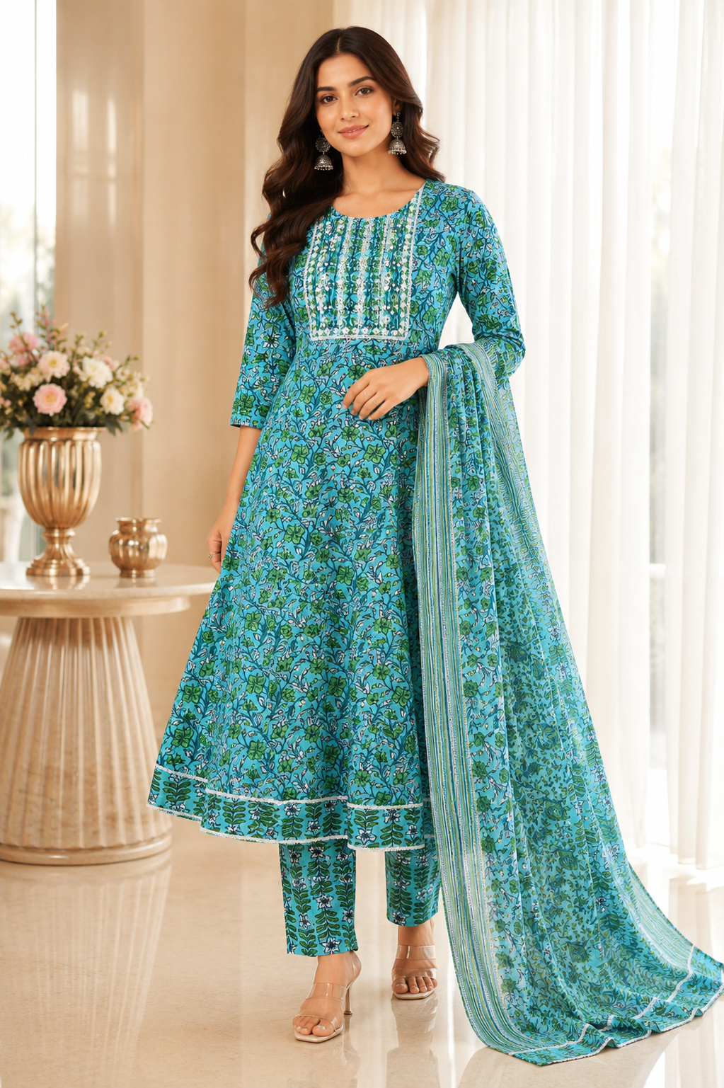 Turquoise Blue Mercerized Cotton Printed Frock Kurta, Pant & Dupatta Set