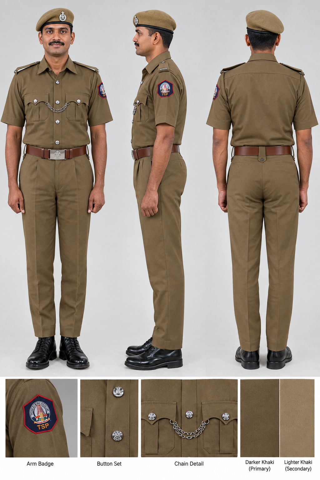 Official Tamil Nadu Special Police (TSP) Khaki Uniform | Made-to-Order on OCM Special Dark Khaki Fabric (Pantone No. 16-1315 TCX)