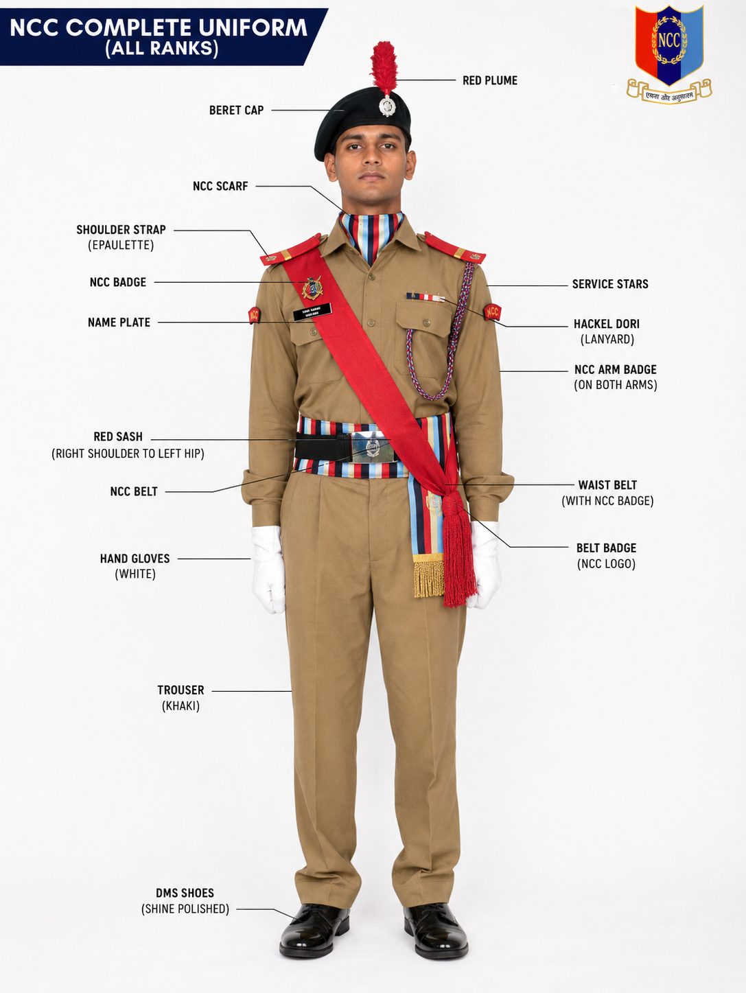 NCC Uniform (Shirt, Pant & Complete Ceremonial Accessories) Set