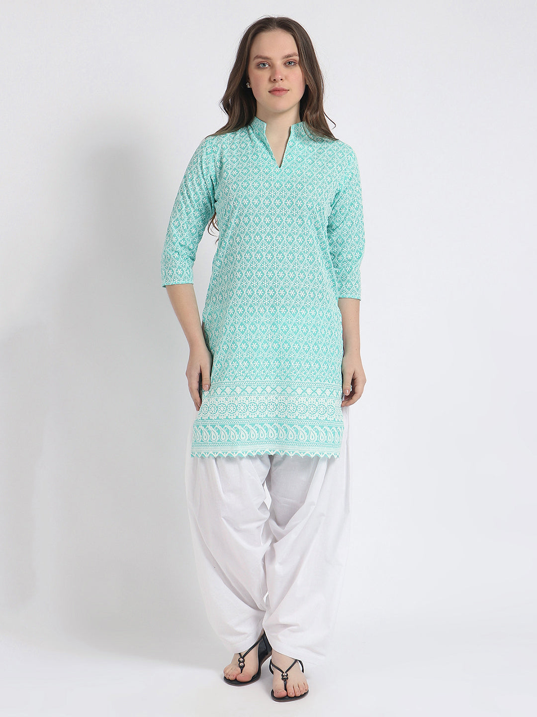 Women’s Cotton Chikankari Short Kurti Combo - Pack of 2 (Aqua & Peach)