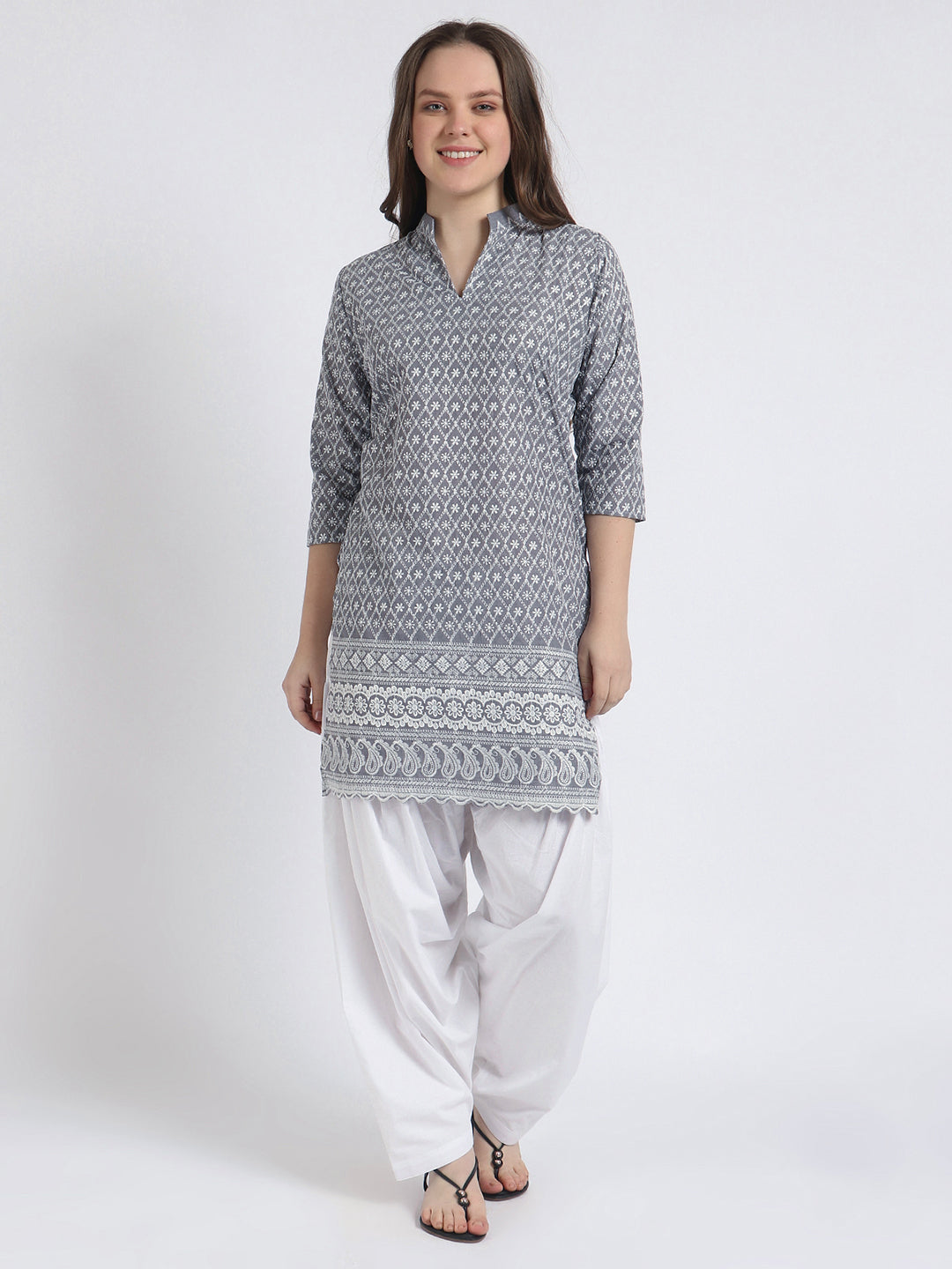 Women’s Cotton Chikankari Kurti Combo - Pack of 2 (Aqua & Grey)