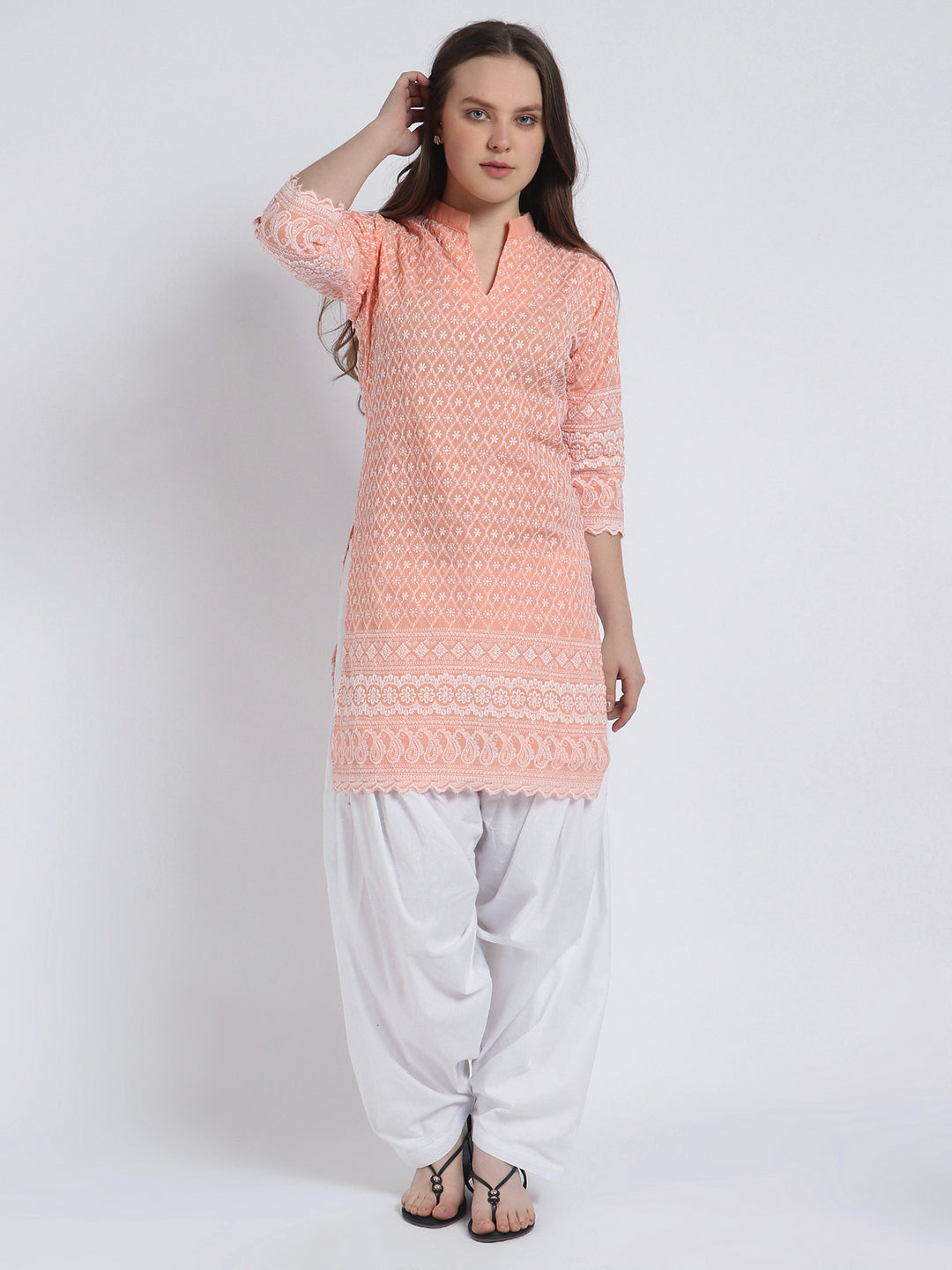Women’s Cotton Chikankari Short Kurti Combo - Pack of 2 (Aqua & Peach)