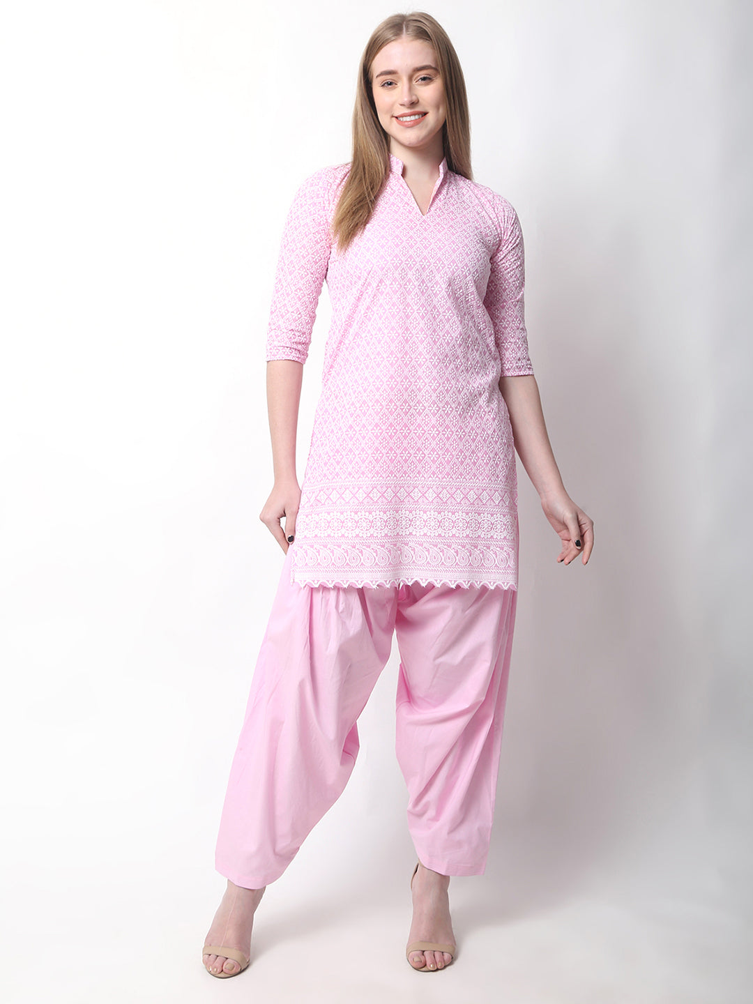 Women Chiken Embroidery Cotton Pink Kurta and Salwar Set XXXL