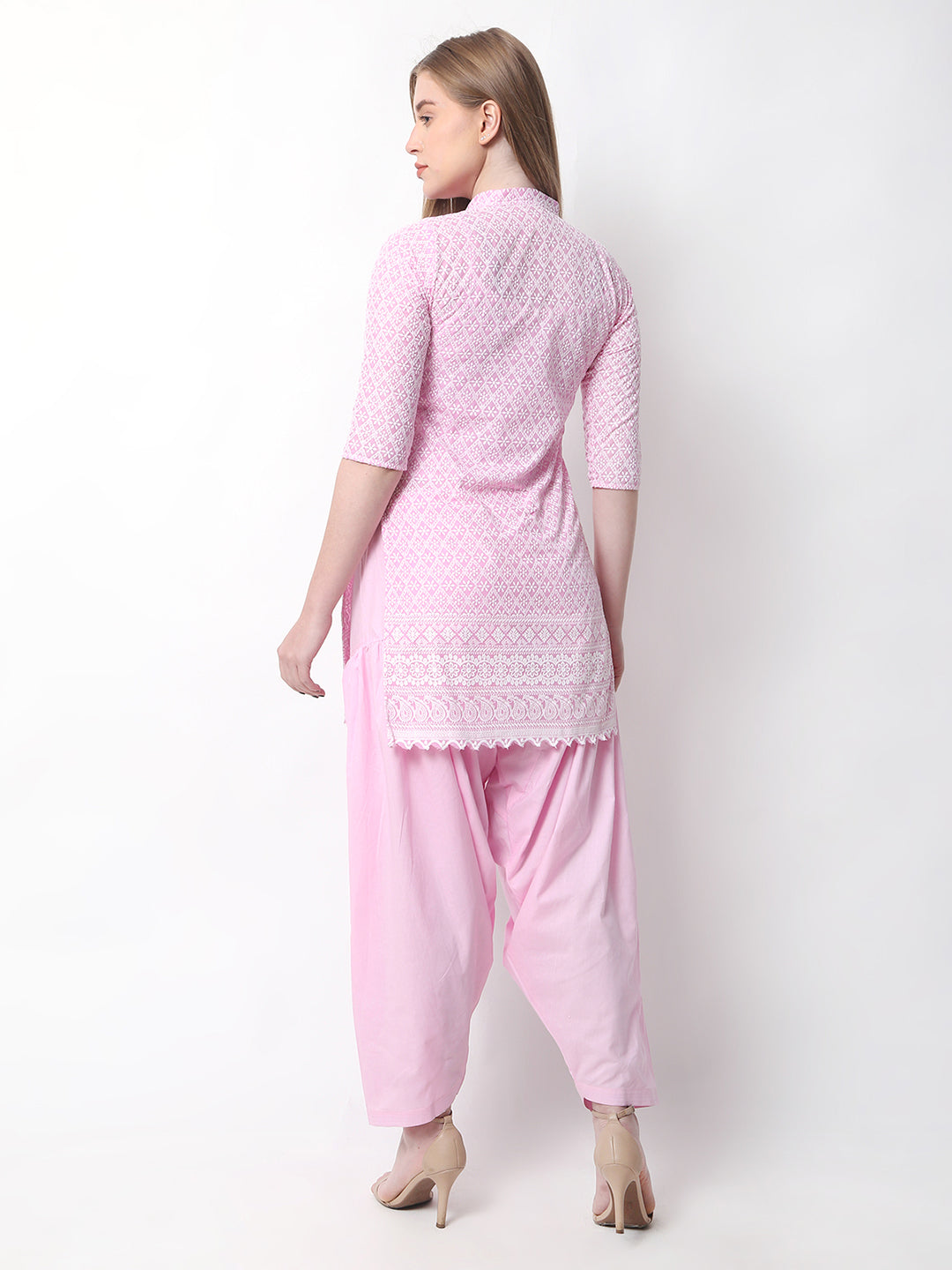 Women Chiken Embroidery Cotton Pink Kurta and Salwar Set