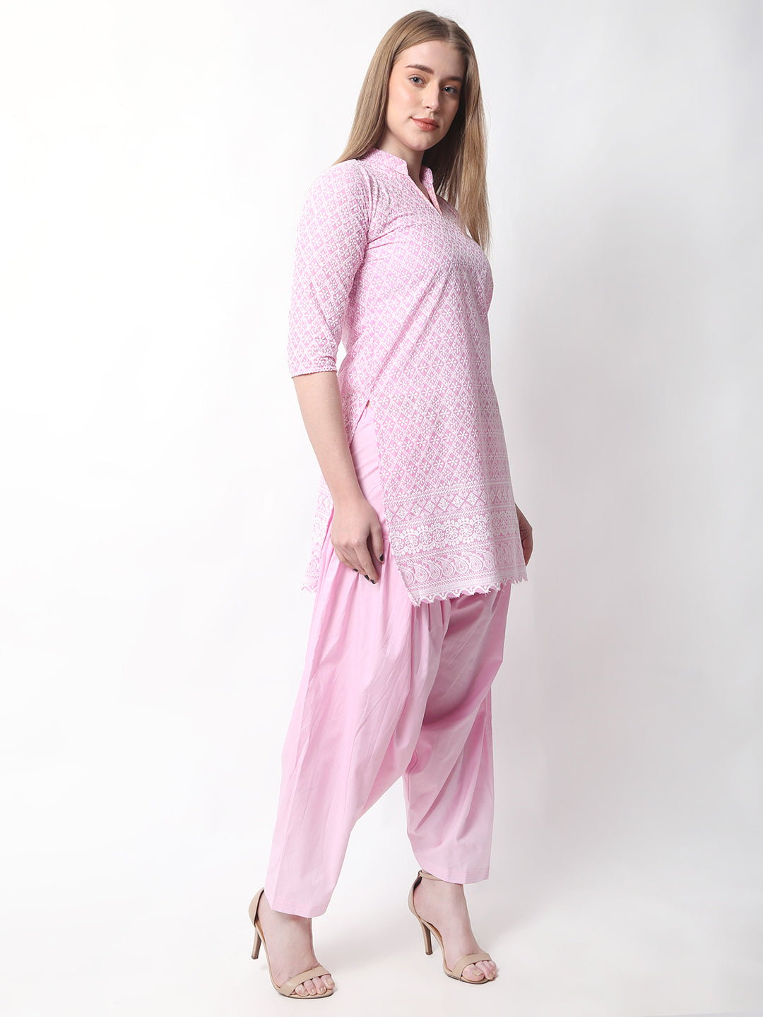 Women Chiken Embroidery Cotton Pink Kurta and Salwar Set