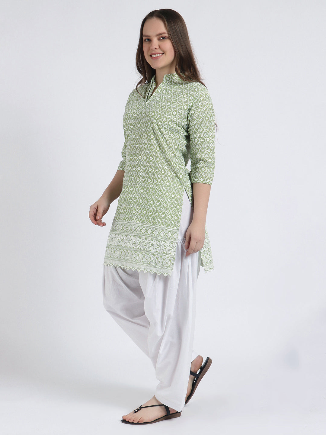 Women Chiken Embroidery Cotton Pista Green Kurta and Salwar Set