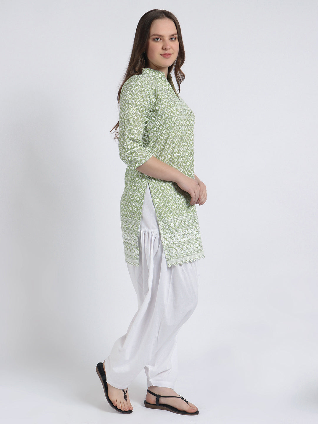 Women Chiken Embroidery Cotton Pista Green Kurta and Salwar Set