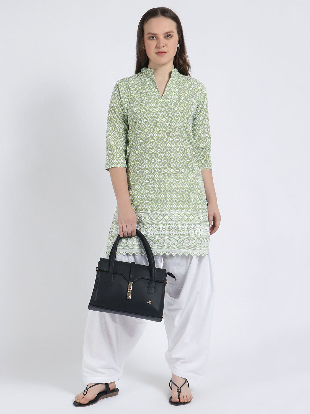 Women Chiken Embroidery Cotton Pista Green Kurta and Salwar Set XXXL