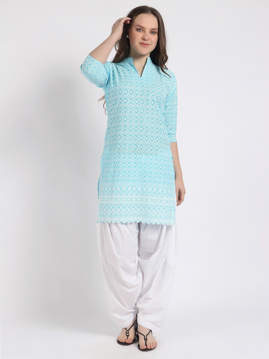 Women Chiken Embroidery Cotton Sky Blue Kurta and Salwar Set XXXL