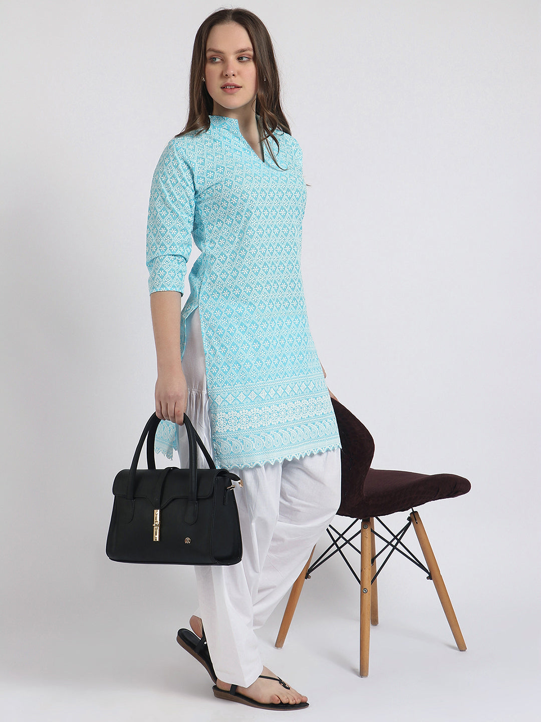 Women Chiken Embroidery Cotton Sky Blue Kurta and Salwar Set