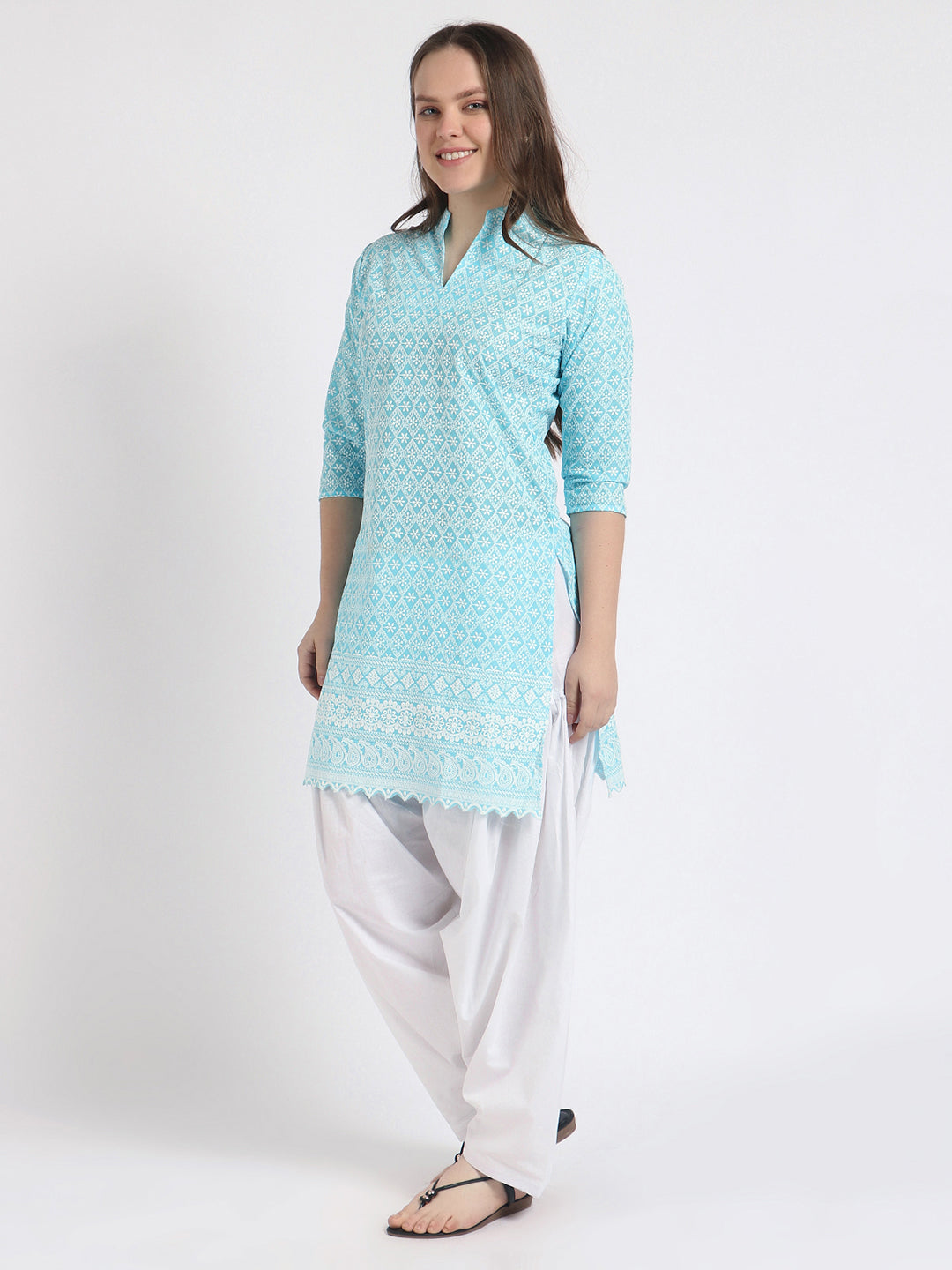 Women Chiken Embroidery Cotton Sky Blue Kurta and Salwar Set