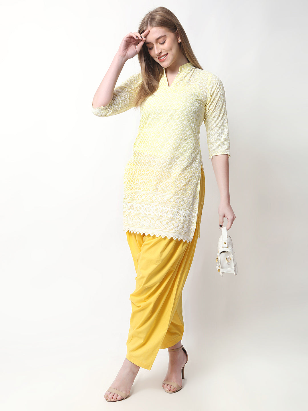 Women Chiken Embroidery Cotton Yellow Kurta and Salwar Set